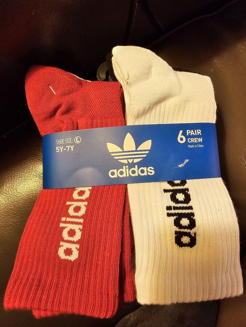 Adidas Black White Red 6 Pair Crew Ribbed Cushioned Socks Youth Size 5Y - 7Y
